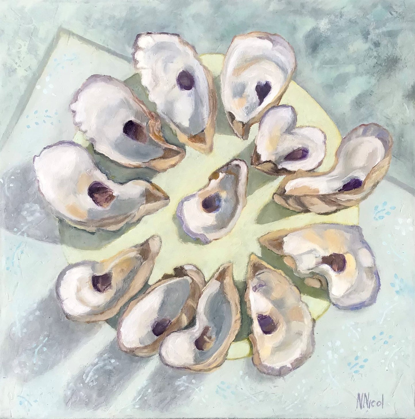 Just Oysters - A Dozen Oyster Shells on a Yellow Plate