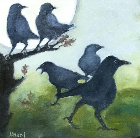 Five Crows with Full Winter Moon