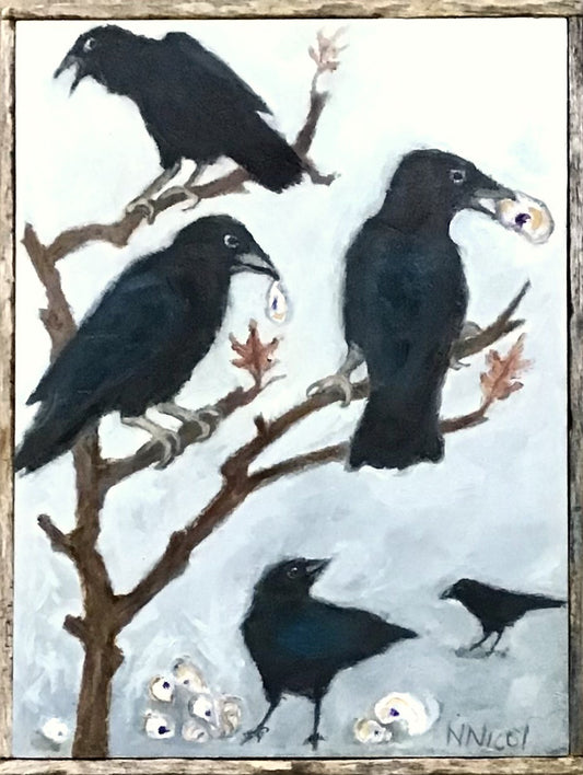 Crows - Five Feasting Crows in an Oak